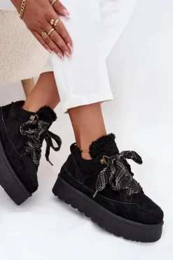 Boto Śniegowce Damskie*Sznurowane Śniegowce Damskie Na Platformie Ocieplane Futerkiem Czarne Tavelle