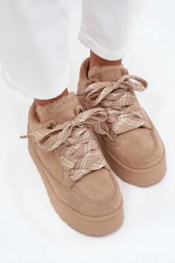 Damskie Boto Sznurowane Śniegowce Damskie Na Platformie Ocieplane Futerkiem Beżowe Tavelle