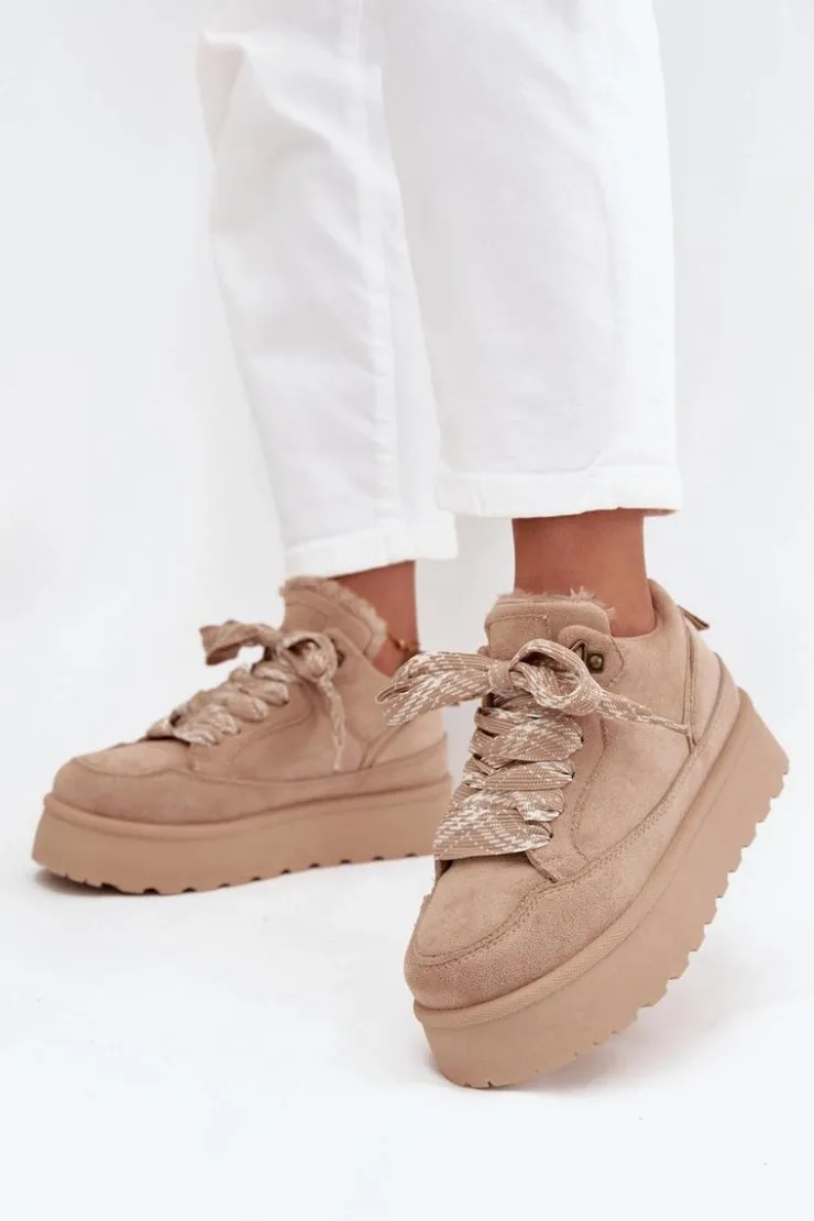 Damskie Boto Sznurowane Śniegowce Damskie Na Platformie Ocieplane Futerkiem Beżowe Tavelle