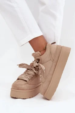 Damskie Boto Sznurowane Śniegowce Damskie Na Platformie Ocieplane Futerkiem Beżowe Tavelle