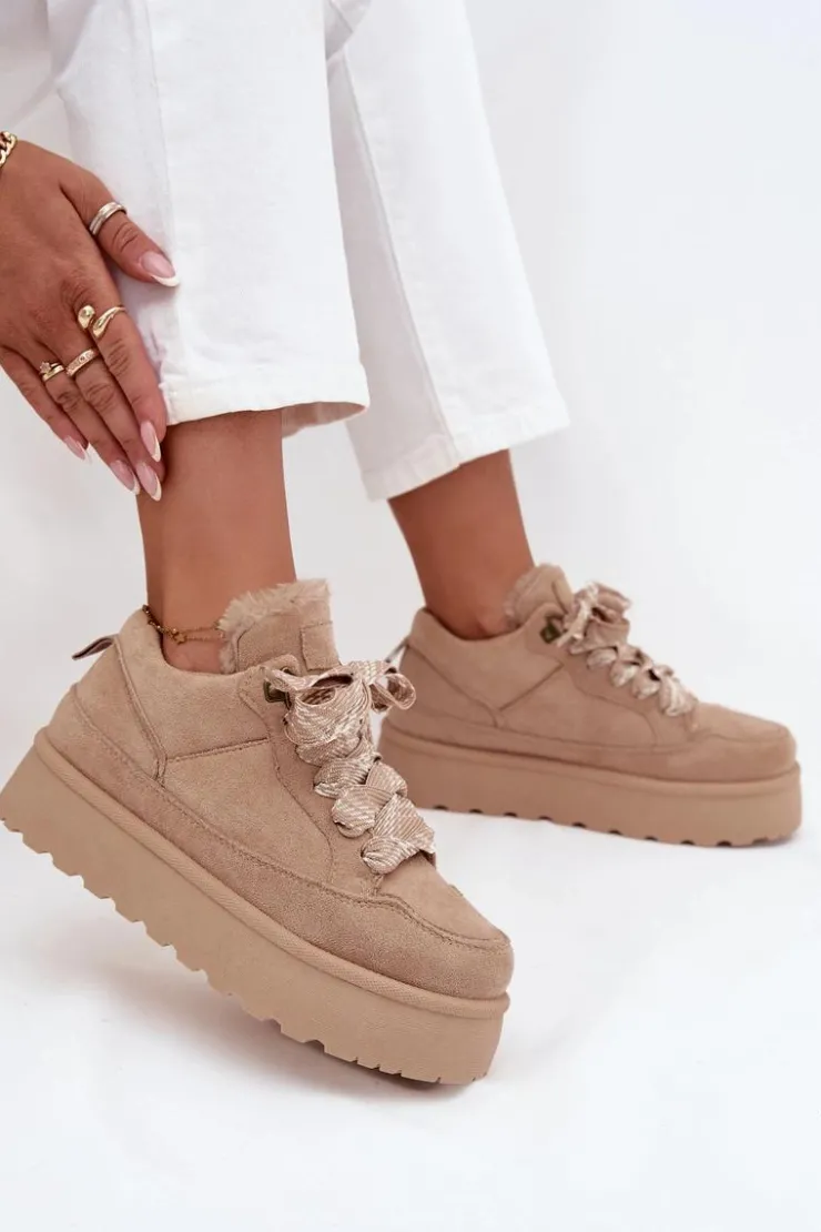 Damskie Boto Sznurowane Śniegowce Damskie Na Platformie Ocieplane Futerkiem Beżowe Tavelle