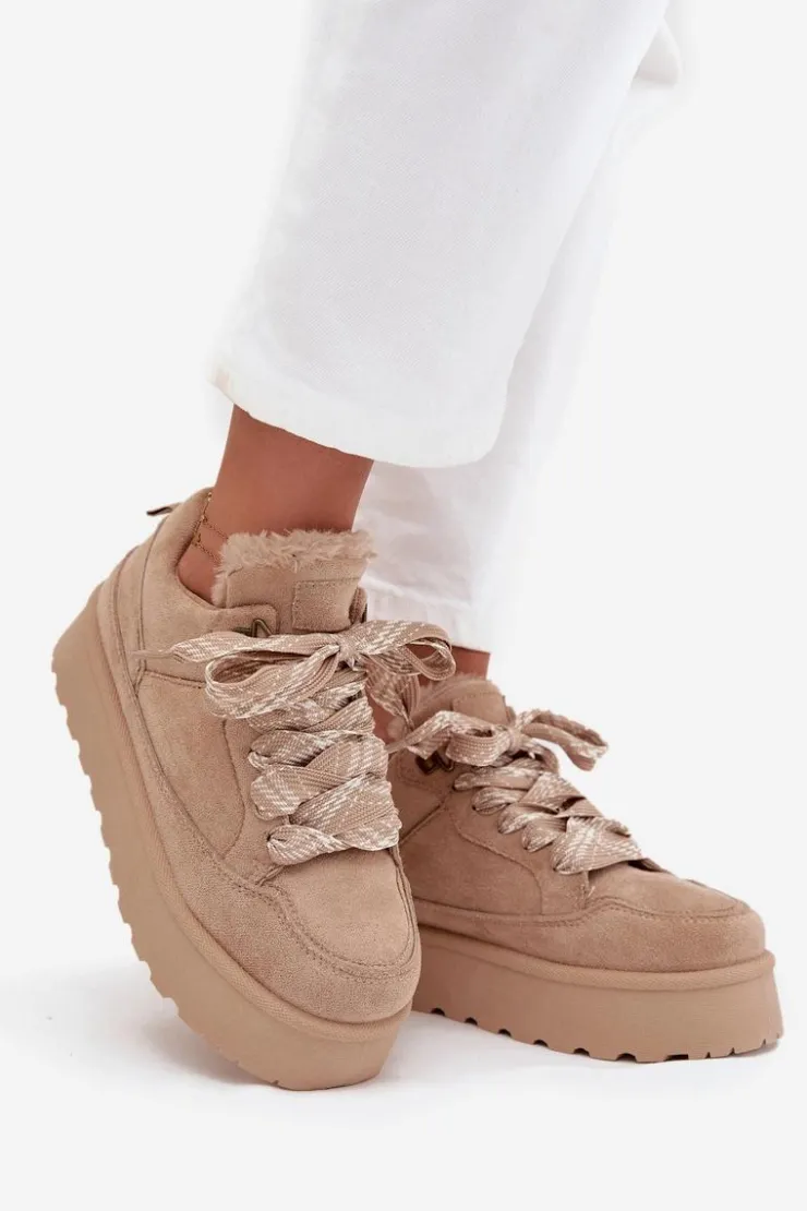 Damskie Boto Sznurowane Śniegowce Damskie Na Platformie Ocieplane Futerkiem Beżowe Tavelle