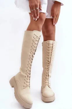 Best Boto Sznurowane Ocieplane Kozaki Glany Przed Kolano Beżowe Bergdis