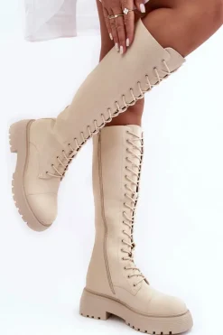Best Boto Sznurowane Ocieplane Kozaki Glany Przed Kolano Beżowe Bergdis