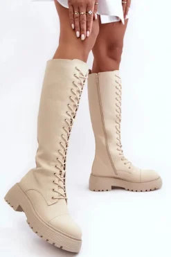 Best Boto Sznurowane Ocieplane Kozaki Glany Przed Kolano Beżowe Bergdis