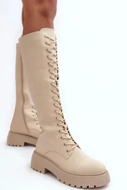 Best Boto Sznurowane Ocieplane Kozaki Glany Przed Kolano Beżowe Bergdis