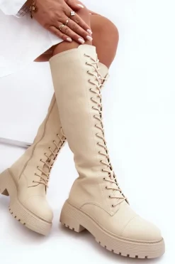 Best Boto Sznurowane Ocieplane Kozaki Glany Przed Kolano Beżowe Bergdis