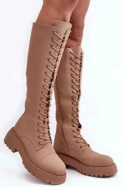 Boto Kozaki Wiosenne|Kozaki Płaskie*Sznurowane Ocieplane Kozaki Glany Przed Kolano Ciemnobeżowe Bergdis