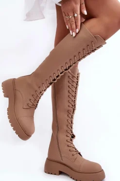 Boto Kozaki Wiosenne|Kozaki Płaskie*Sznurowane Ocieplane Kozaki Glany Przed Kolano Ciemnobeżowe Bergdis