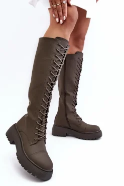 Hot Boto Sznurowane Ocieplane Kozaki Glany Przed Kolano Ciemnozielone Bergdis