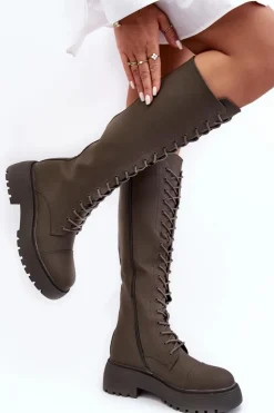 Hot Boto Sznurowane Ocieplane Kozaki Glany Przed Kolano Ciemnozielone Bergdis