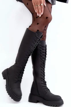 Damskie Boto Sznurowane Ocieplane Kozaki Glany Przed Kolano Czarne Bergdis