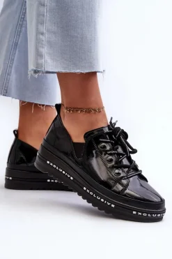 Damskie buty S.Barski Półbuty Skórzane*Sznurowane Półbuty Damskie Na Platformie Skóra Naturalna S.Barski LR620 Czarne Czarny