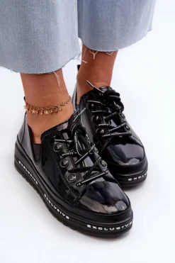 Damskie buty S.Barski Półbuty Skórzane*Sznurowane Półbuty Damskie Na Platformie Skóra Naturalna S.Barski LR620 Czarne Czarny