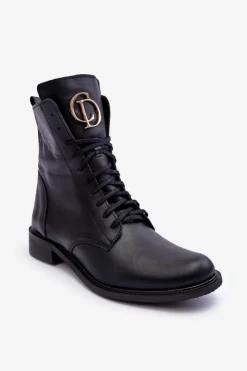 Damskie Boto Sznurowane Skórzane Botki Z Ozdobą Czarne Nicole 2750