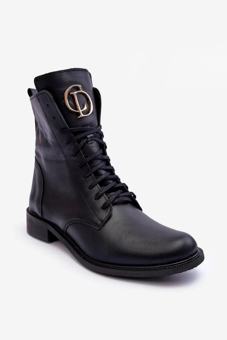 Damskie Boto Sznurowane Skórzane Botki Z Ozdobą Czarne Nicole 2750