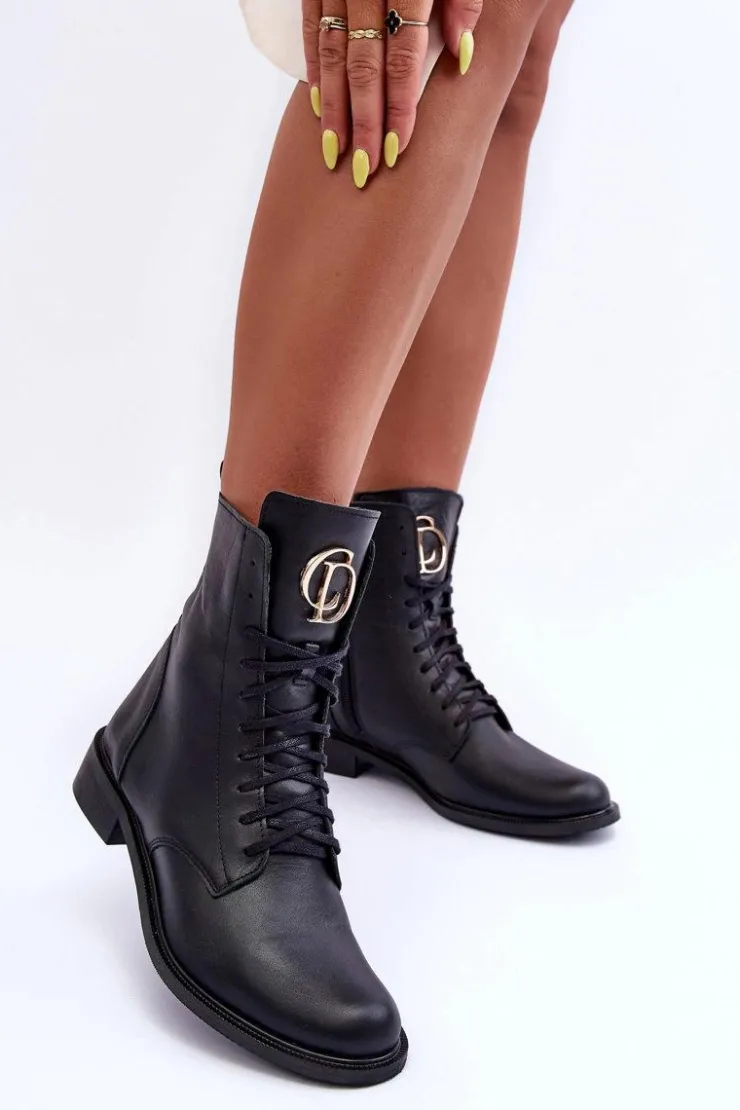 Damskie Boto Sznurowane Skórzane Botki Z Ozdobą Czarne Nicole 2750