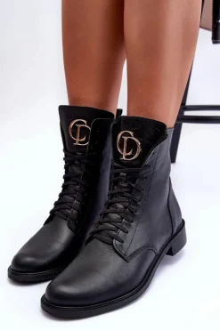 Damskie Boto Sznurowane Skórzane Botki Z Ozdobą Czarne Nicole 2750