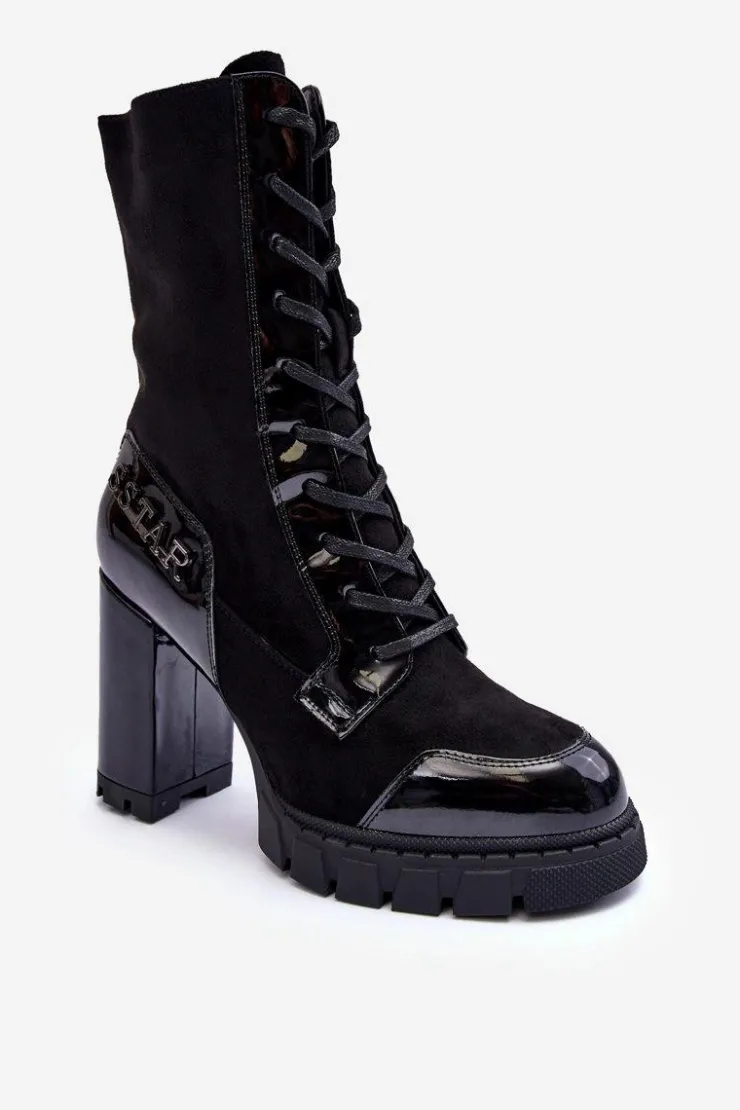 Boto Botki Ocieplane|Botki Na Słupku*Sznurowane Skórzane Botki Na Masywnym Słupku Czarne Khariah Czarny