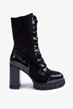 Boto Botki Ocieplane|Botki Na Słupku*Sznurowane Skórzane Botki Na Masywnym Słupku Czarne Khariah Czarny