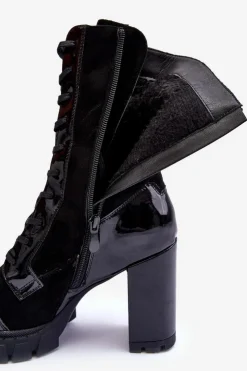 Boto Botki Ocieplane|Botki Na Słupku*Sznurowane Skórzane Botki Na Masywnym Słupku Czarne Khariah Czarny