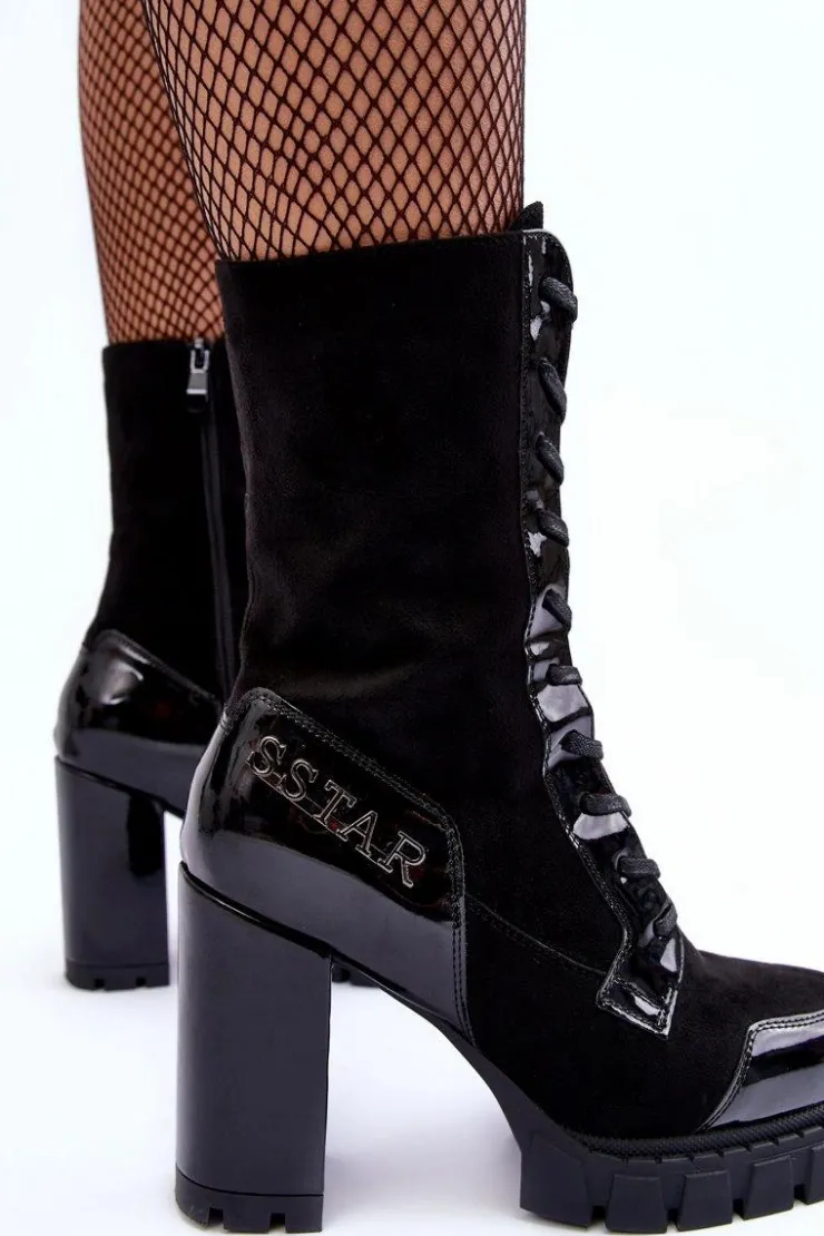 Boto Botki Ocieplane|Botki Na Słupku*Sznurowane Skórzane Botki Na Masywnym Słupku Czarne Khariah Czarny