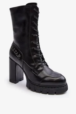 Clearance Boto Sznurowane Skórzane Botki Na Masywnym Słupku Czarne Khariah