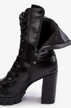 Clearance Boto Sznurowane Skórzane Botki Na Masywnym Słupku Czarne Khariah