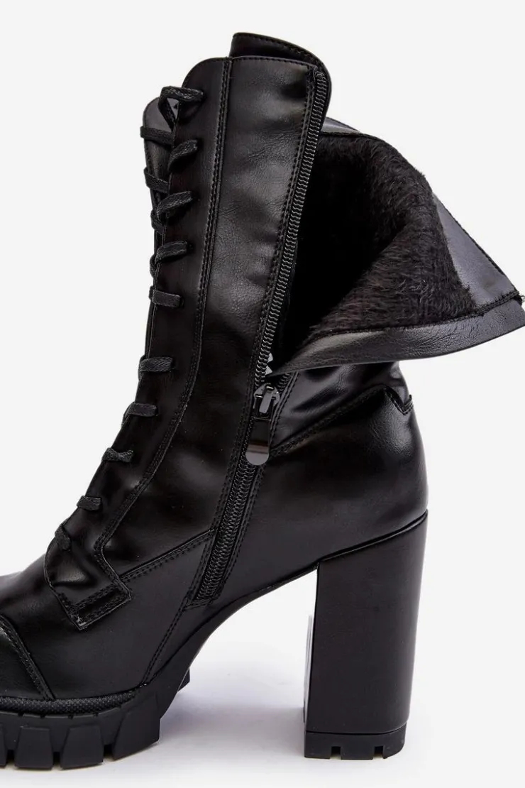 Clearance Boto Sznurowane Skórzane Botki Na Masywnym Słupku Czarne Khariah