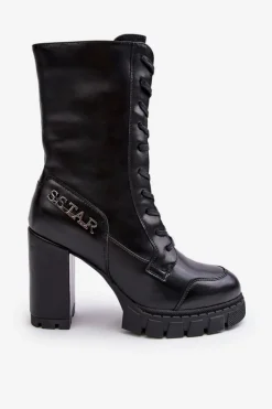 Clearance Boto Sznurowane Skórzane Botki Na Masywnym Słupku Czarne Khariah