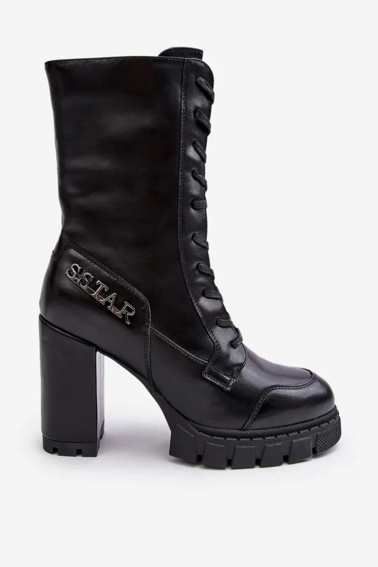 Clearance Boto Sznurowane Skórzane Botki Na Masywnym Słupku Czarne Khariah