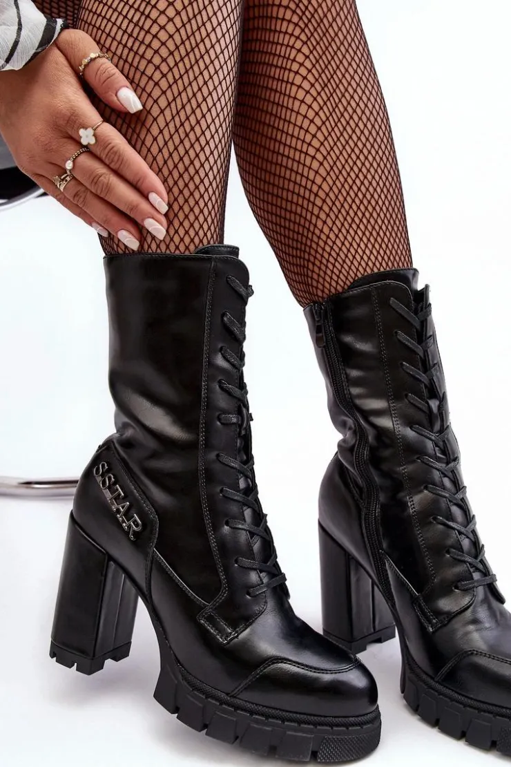 Clearance Boto Sznurowane Skórzane Botki Na Masywnym Słupku Czarne Khariah