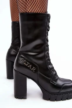 Clearance Boto Sznurowane Skórzane Botki Na Masywnym Słupku Czarne Khariah