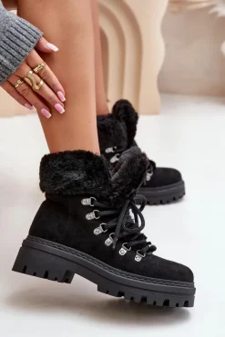 Boto Sznurowane Trapery Damskie Z Futerkiem Czarne Vaminia Czarny