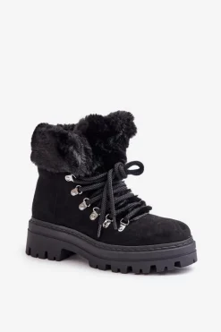 Boto Sznurowane Trapery Damskie Z Futerkiem Czarne Vaminia Czarny