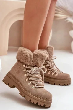 Boto Botki Ocieplane|Damskie Trapery*Sznurowane Trapery Damskie Z Futerkiem Ciemnobeżowe Vaminia Beżowy