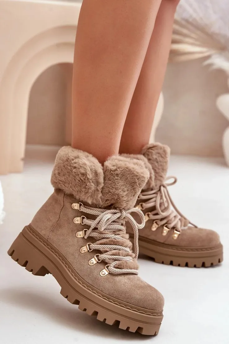 Boto Botki Ocieplane|Damskie Trapery*Sznurowane Trapery Damskie Z Futerkiem Ciemnobeżowe Vaminia Beżowy