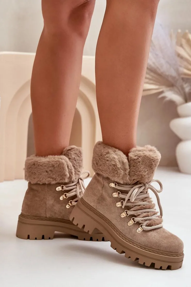 Boto Botki Ocieplane|Damskie Trapery*Sznurowane Trapery Damskie Z Futerkiem Ciemnobeżowe Vaminia Beżowy
