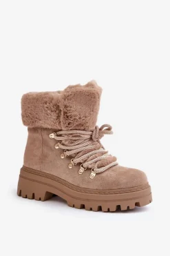 Boto Botki Ocieplane|Damskie Trapery*Sznurowane Trapery Damskie Z Futerkiem Ciemnobeżowe Vaminia Beżowy