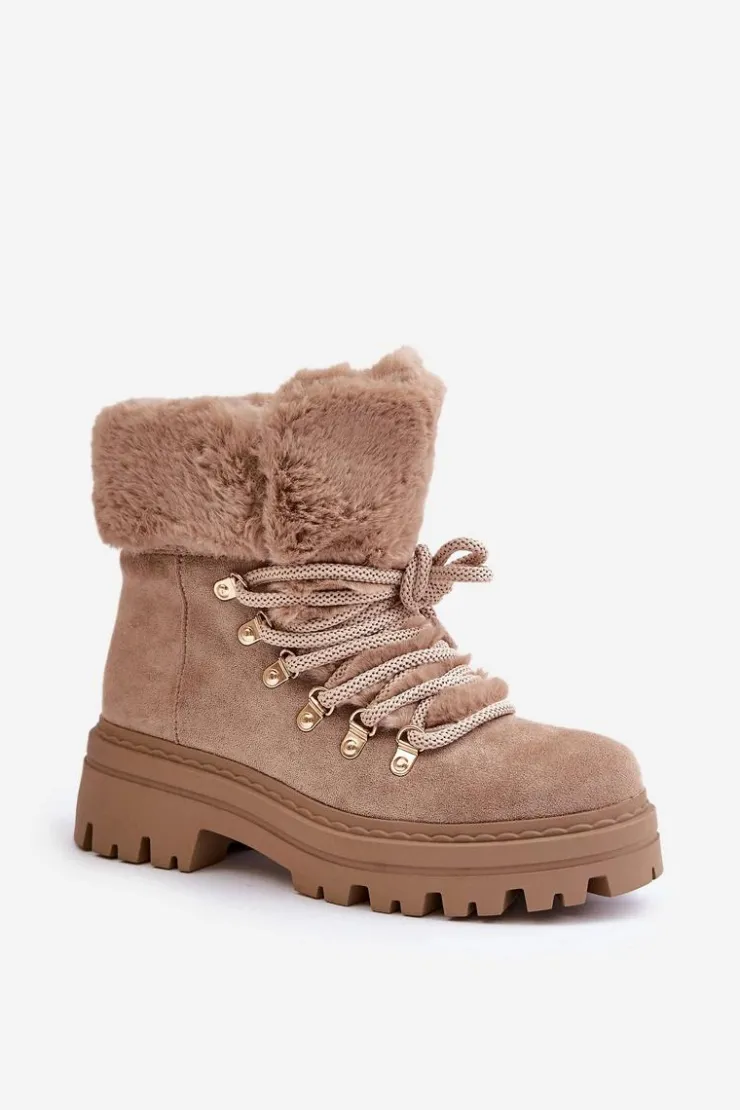 Boto Botki Ocieplane|Damskie Trapery*Sznurowane Trapery Damskie Z Futerkiem Ciemnobeżowe Vaminia Beżowy