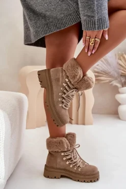 Boto Botki Ocieplane|Damskie Trapery*Sznurowane Trapery Damskie Z Futerkiem Ciemnobeżowe Vaminia Beżowy