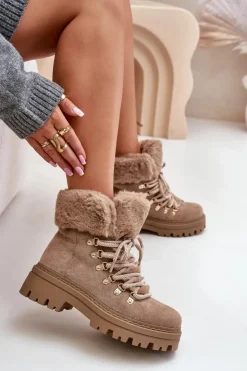 Boto Botki Ocieplane|Damskie Trapery*Sznurowane Trapery Damskie Z Futerkiem Ciemnobeżowe Vaminia Beżowy