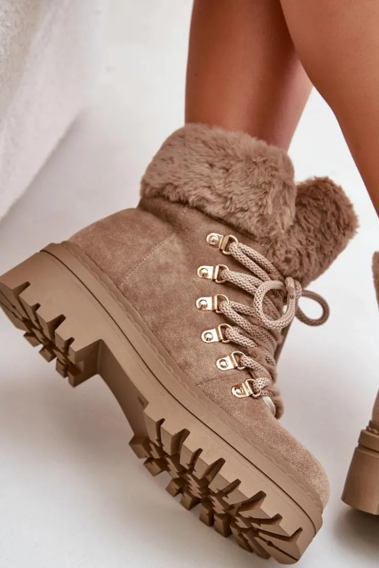 Boto Botki Ocieplane|Damskie Trapery*Sznurowane Trapery Damskie Z Futerkiem Ciemnobeżowe Vaminia Beżowy