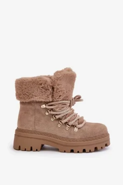 Boto Botki Ocieplane|Damskie Trapery*Sznurowane Trapery Damskie Z Futerkiem Ciemnobeżowe Vaminia Beżowy