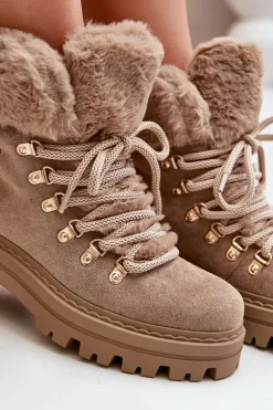 Boto Botki Ocieplane|Damskie Trapery*Sznurowane Trapery Damskie Z Futerkiem Ciemnobeżowe Vaminia Beżowy