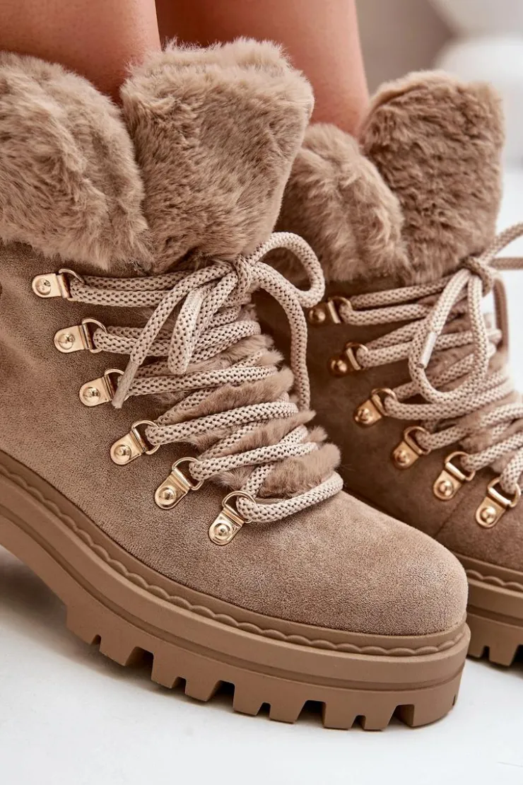 Boto Botki Ocieplane|Damskie Trapery*Sznurowane Trapery Damskie Z Futerkiem Ciemnobeżowe Vaminia Beżowy