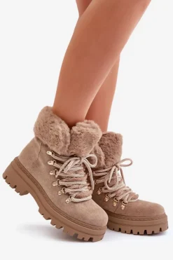 Boto Botki Ocieplane|Damskie Trapery*Sznurowane Trapery Damskie Z Futerkiem Ciemnobeżowe Vaminia Beżowy