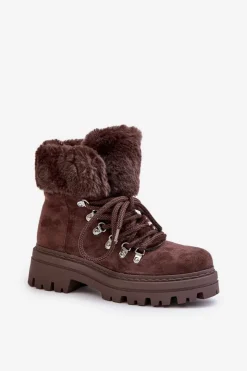 Clearance Boto Sznurowane Trapery Damskie Z Futerkiem Ciemnobrązowe Vaminia Brązowy