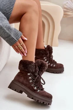 Clearance Boto Sznurowane Trapery Damskie Z Futerkiem Ciemnobrązowe Vaminia Brązowy