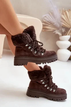 Clearance Boto Sznurowane Trapery Damskie Z Futerkiem Ciemnobrązowe Vaminia Brązowy